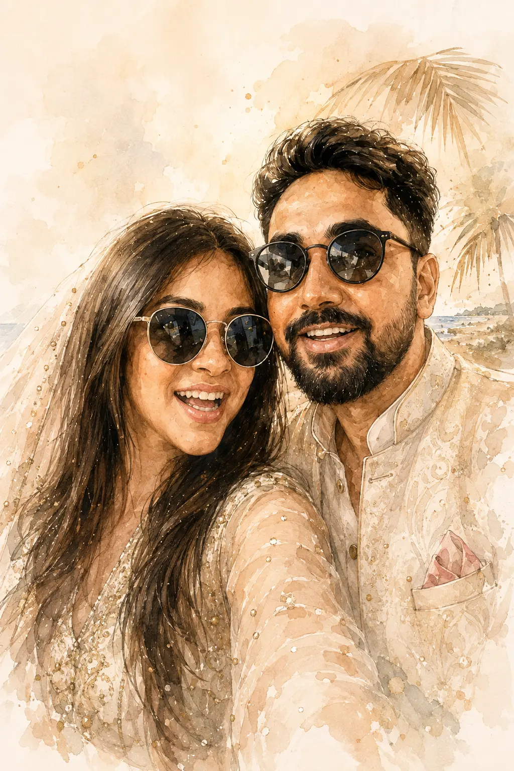 Elegant abstract portrait of Isha and Rachit smiling together