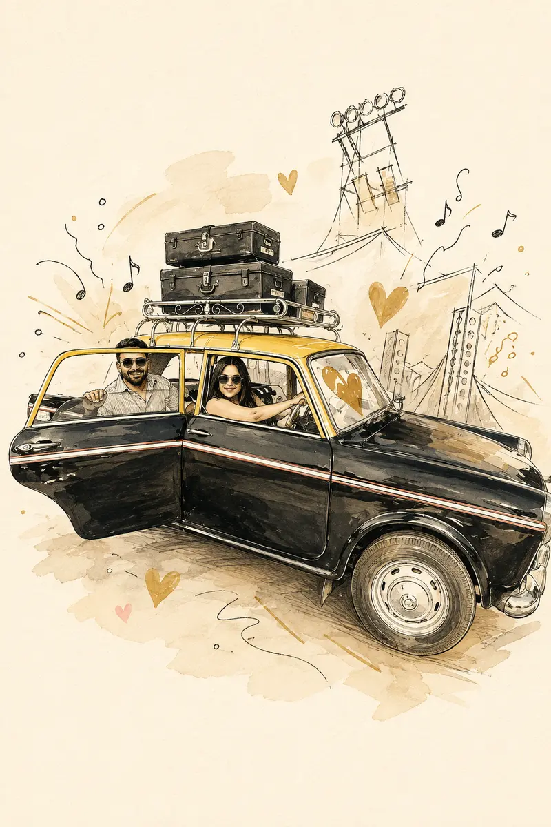 Doodle illustration of Isha and Rachit in a vintage car at a concert