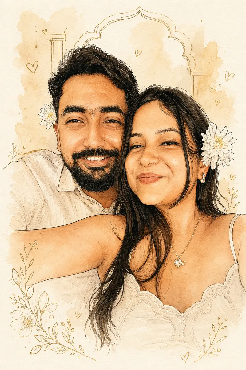 Doodle illustration of Isha and Rachit wearing white flowers behind their ears